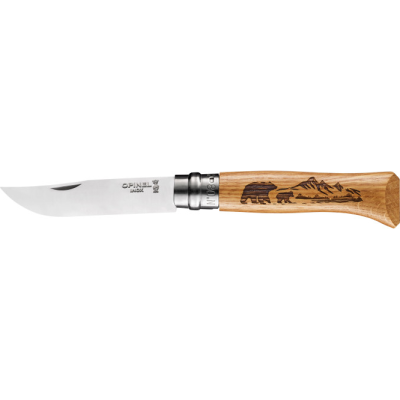 Нож OPINEL №8 ANIMALIA нержавеющая сталь, рукоять дуб, гравировка медведь